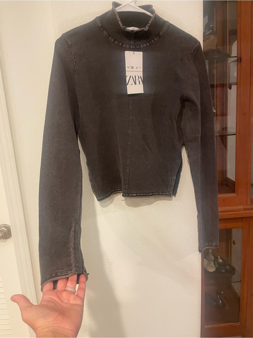 ZARA Washed Charcoal Mock Neck Cropped Sweatshirt